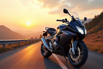 Moto BMW sur route de montagne au lever du soleil