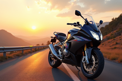 Moto BMW sur route de montagne au lever du soleil