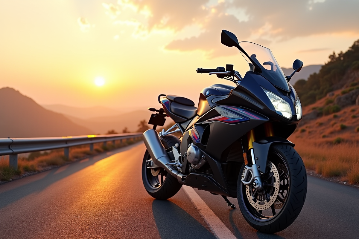Moto BMW sur route de montagne au lever du soleil