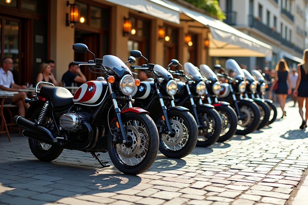 Plusieurs motos BMW devant un café en ville en journée
