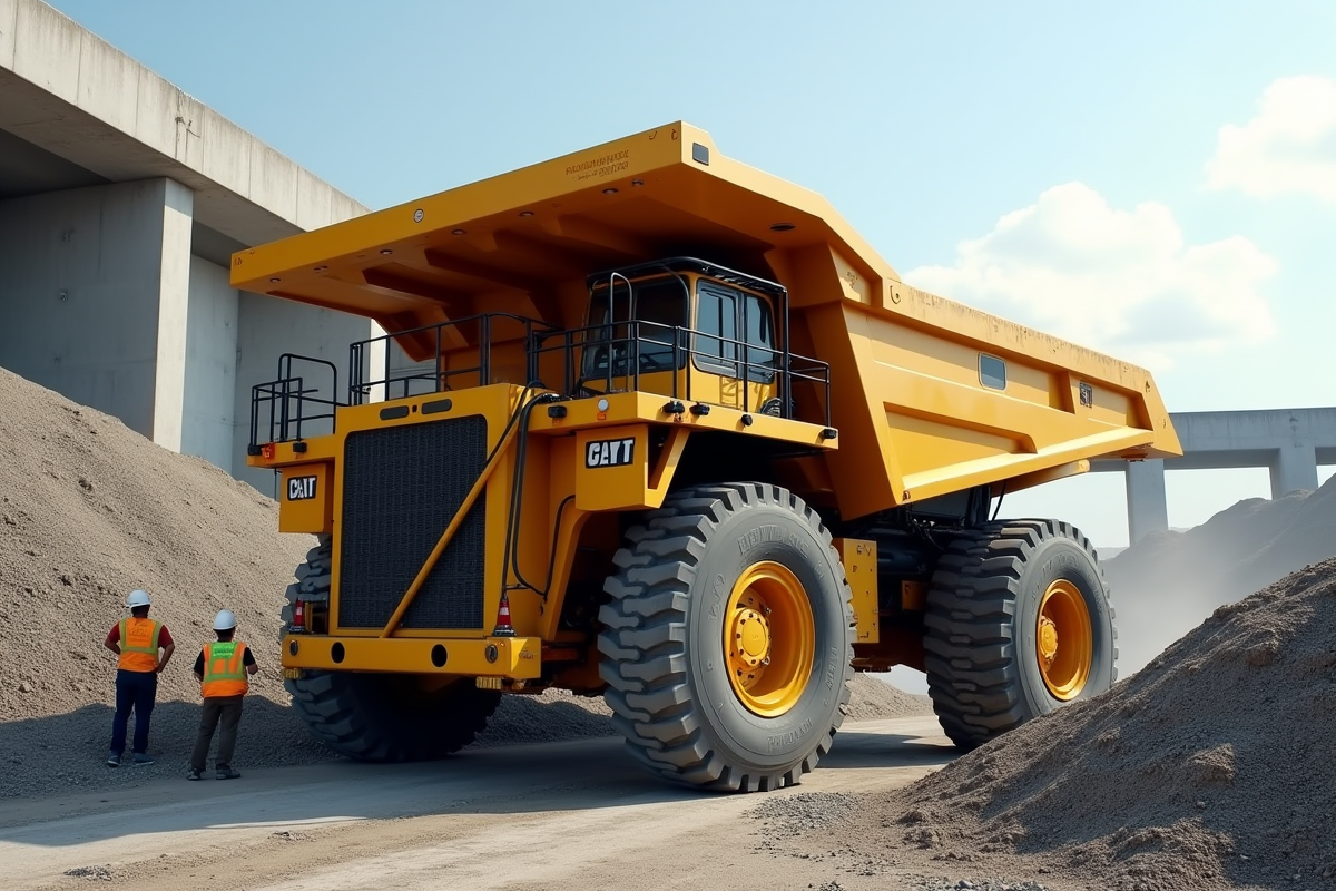 Camion benne jaune déchargeant gravier sur site urbain