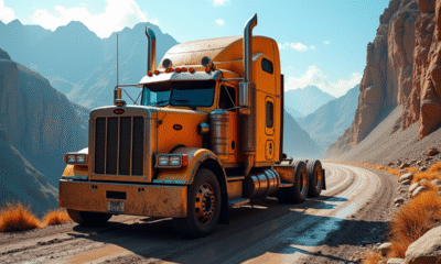 Camion robuste couvert de boue sur une route de montagne