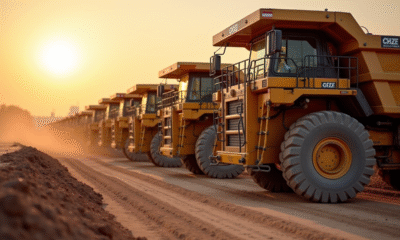 Plusieurs camions de chantier au lever du soleil