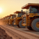 Plusieurs camions de chantier au lever du soleil