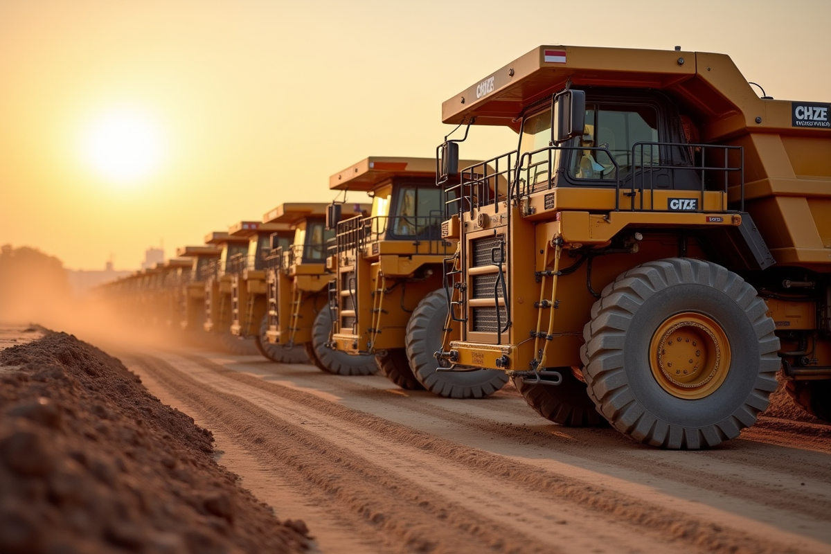 Plusieurs camions de chantier au lever du soleil
