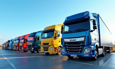 Plusieurs camions modernes de 19 tonnes dans un parking industriel propre