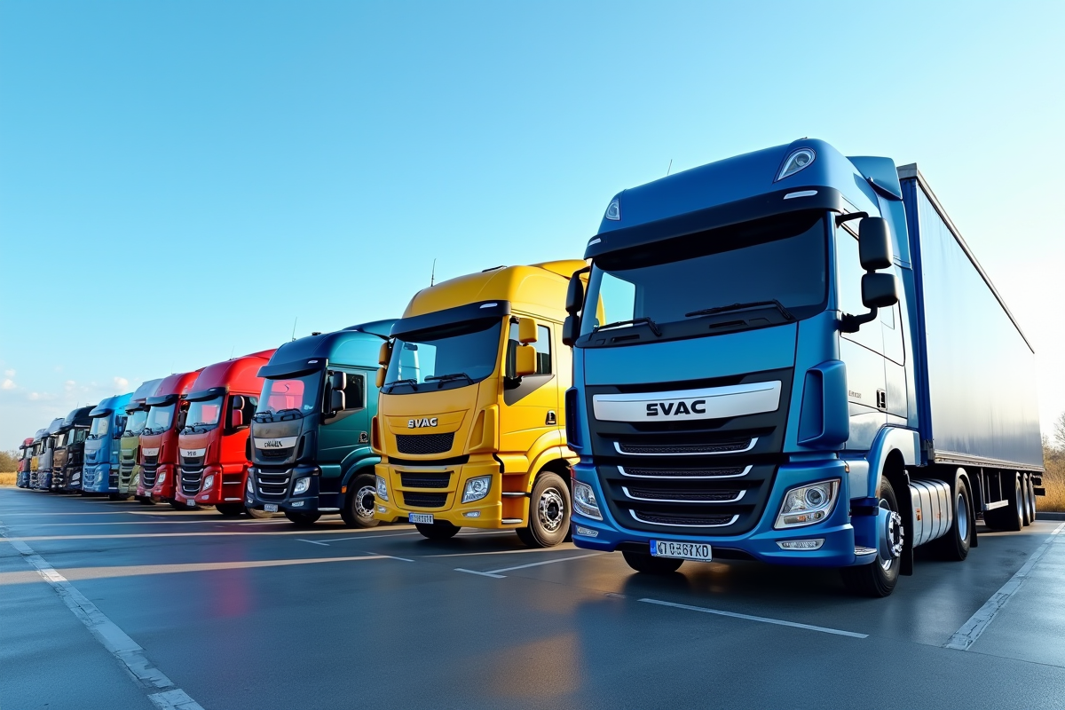 Plusieurs camions modernes de 19 tonnes dans un parking industriel propre