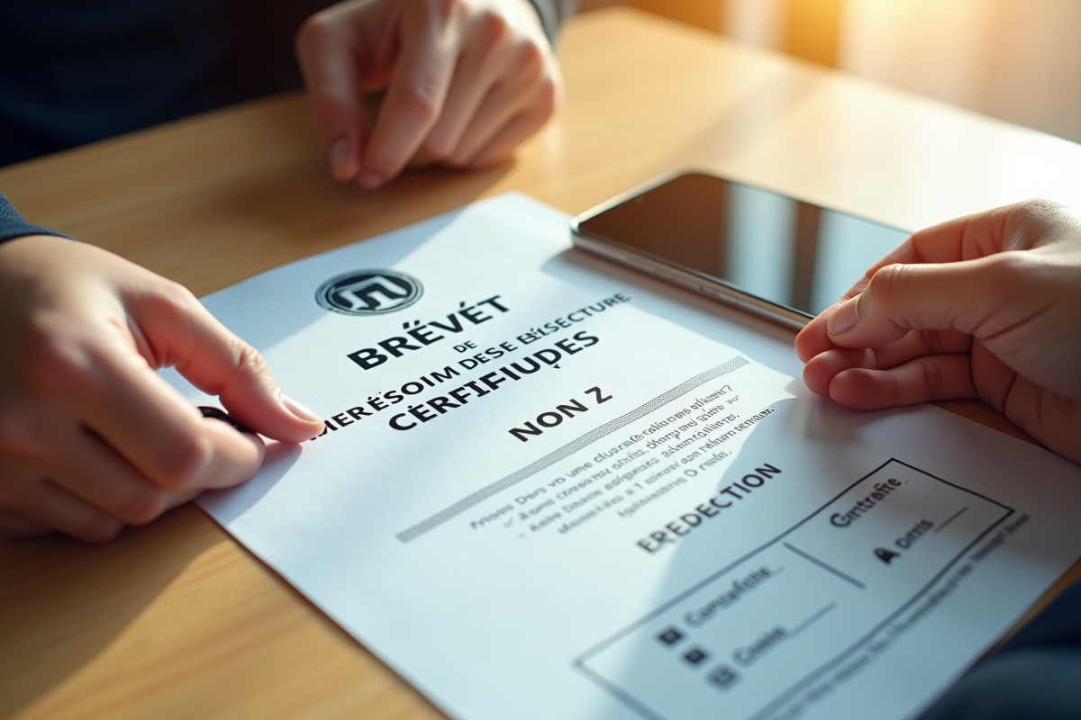 Mains tenant un certificat de sécurité routière avec smartphone