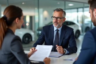 Agent automobile français en costume lors d'une transaction
