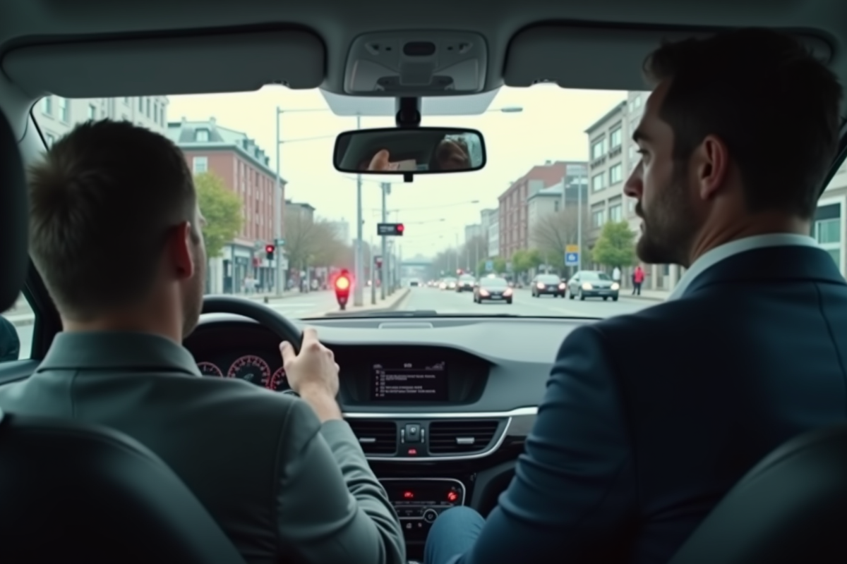 Homme en costume au volant d'une voiture en ville