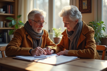 Couple français discutant assurance dans une cuisine lumineuse