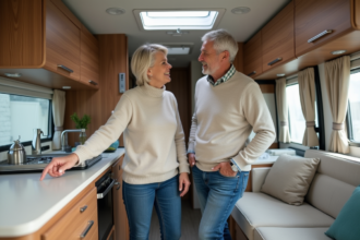 Couple dans un van moderne intérieur spacieux et organisé