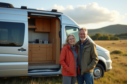 Couple souriant près d'un van moderne en pleine nature
