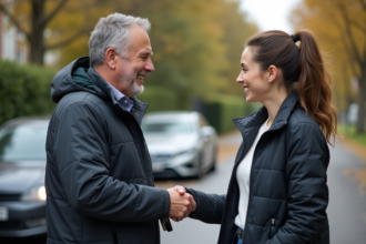Homme et femme échangent des clés de voiture dans la rue