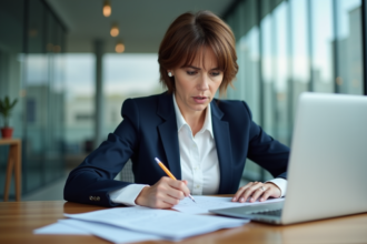 Femme d'affaires examine des documents d'assurance accident