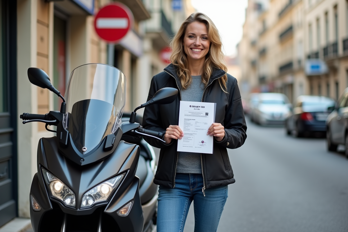 Femme fiere avec son permis devant un scooter Yamaha Tmax