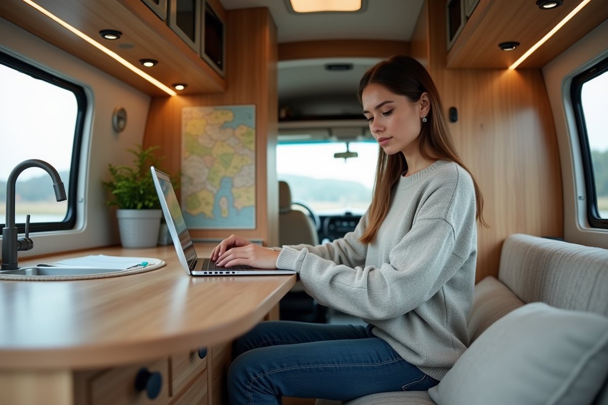 Jeune femme travaillant sur un ordinateur dans un van aménagé