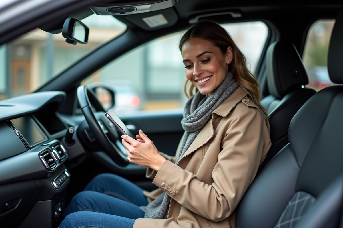 Femme souriante vérifiant une checklist automobile dans sa voiture