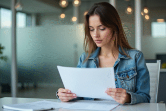 Femme en assurance avec documents dans un bureau moderne