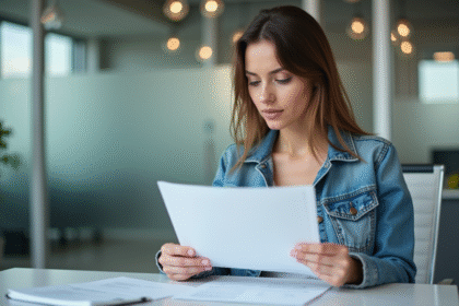 Femme en assurance avec documents dans un bureau moderne