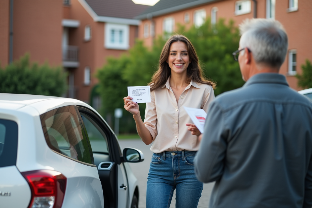 Femme montrant un coupon de carte grise à un homme dehors