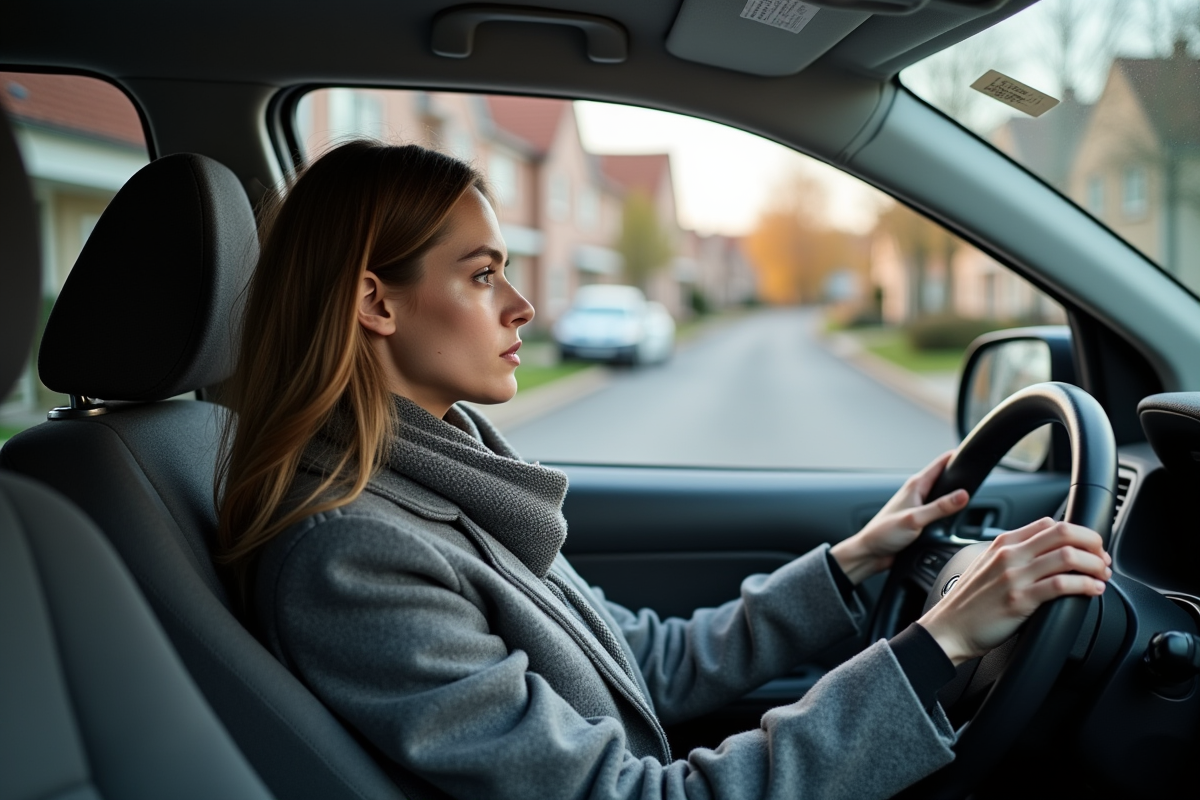 Jeune femme dans une voiture diesel regarde par la fenetre