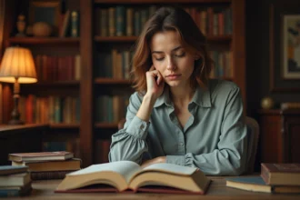 Femme concentrée lisant un livre ouvert avec le numéro 16