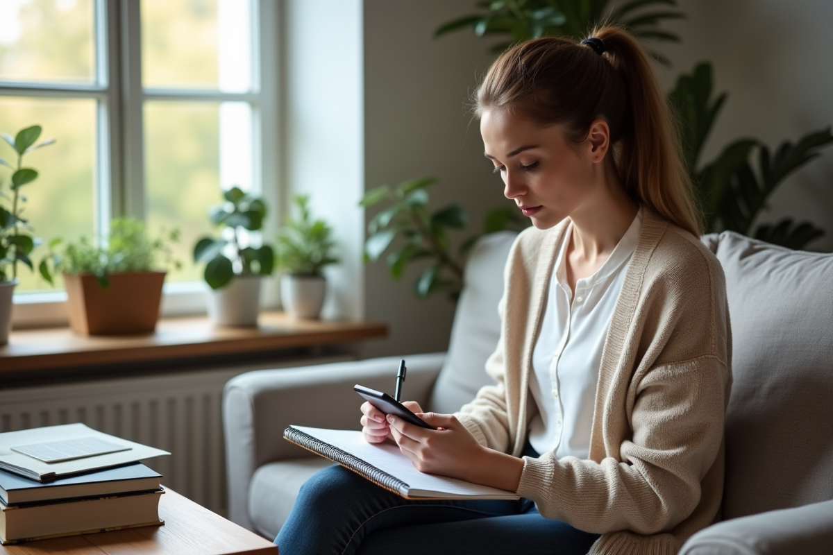 Femme dans un salon cosy utilisant son smartphone