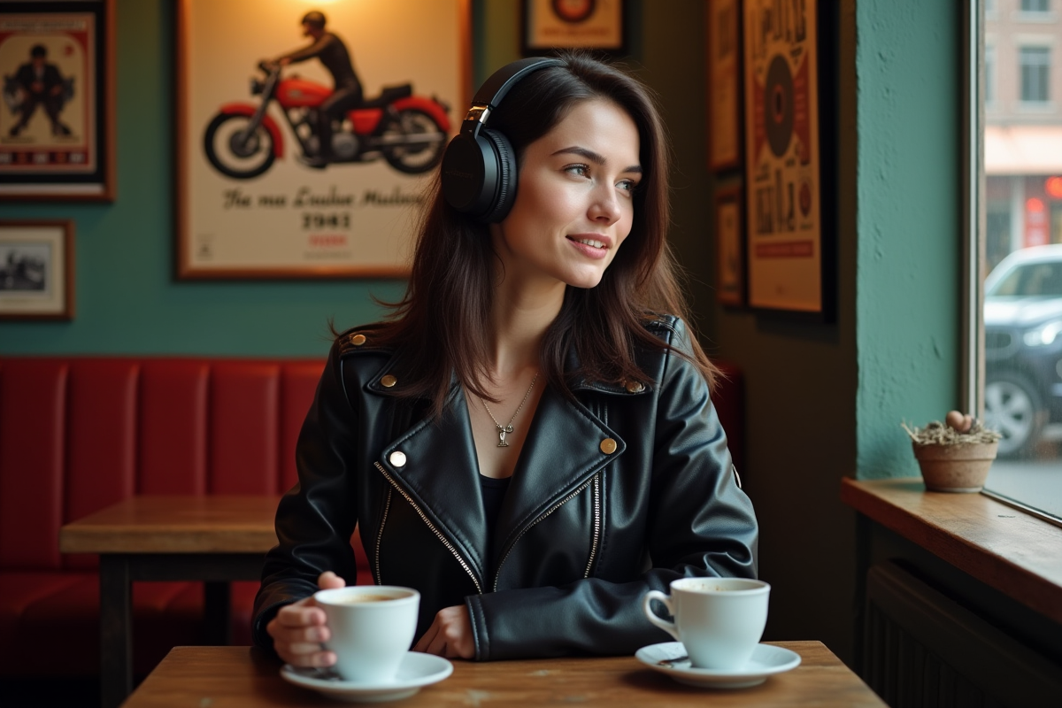 Jeune femme motarde dans un cafe vintage avec casque
