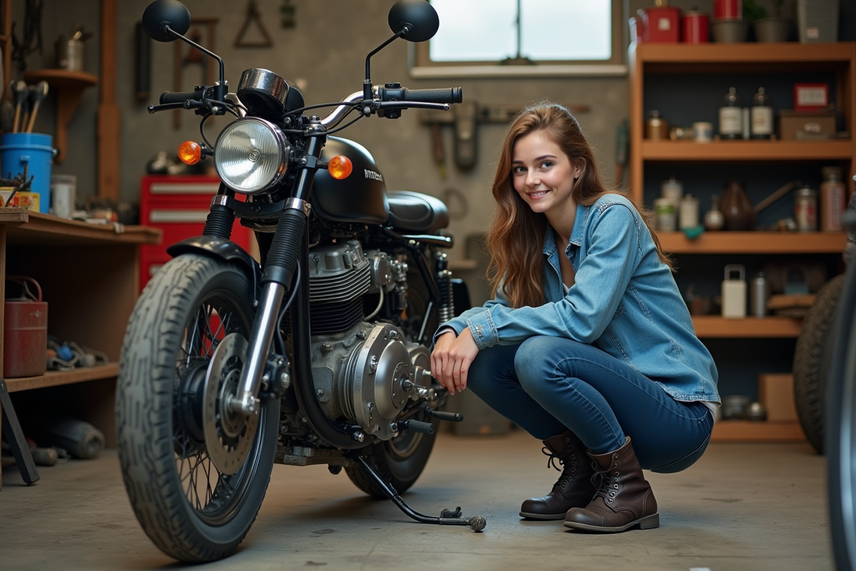 Jeune femme inspectant un moteur de moto dans un garage