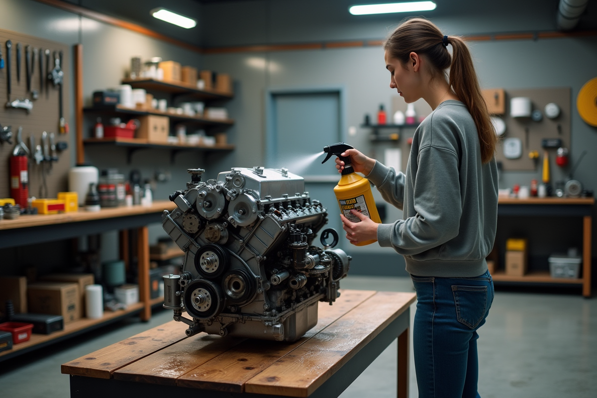 Jeune femme pulvérisant un produit sur une pièce moteur dans un garage