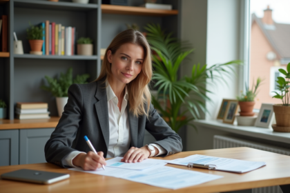 Femme d age adulte remplissant des papiers avec permis de conduire