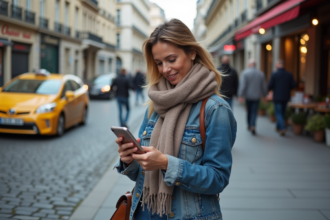 Femme en denim et foulard dans une rue parisienne