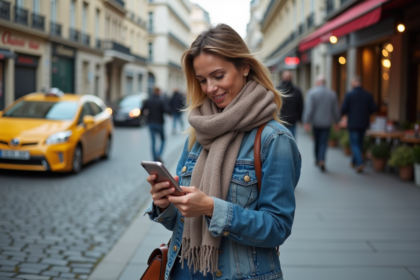 Femme en denim et foulard dans une rue parisienne