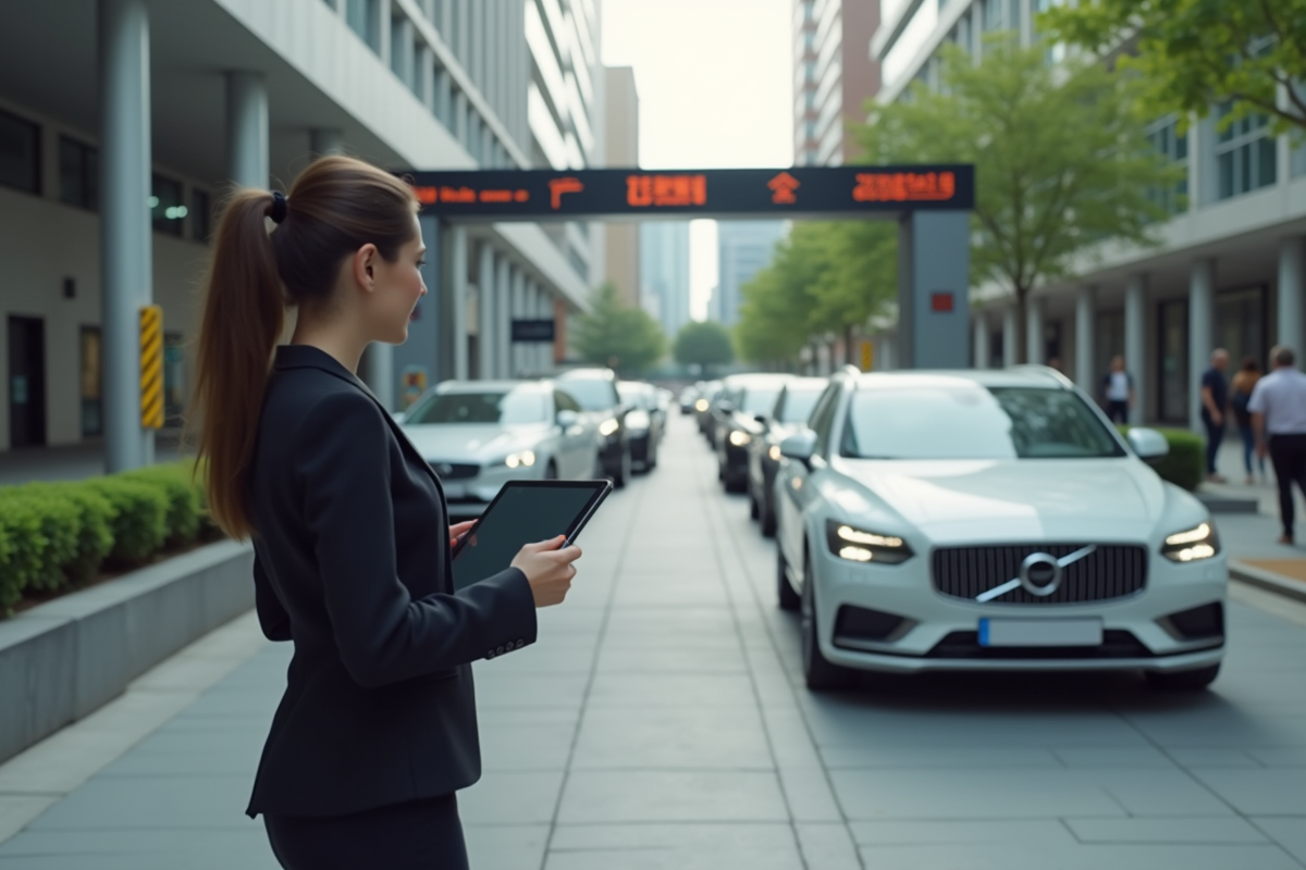 Jeune femme professionnelle observant une file de voitures en zone restrict