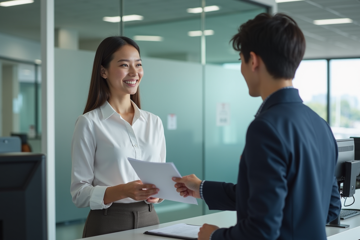 Jeune femme remettant un formulaire au bureau