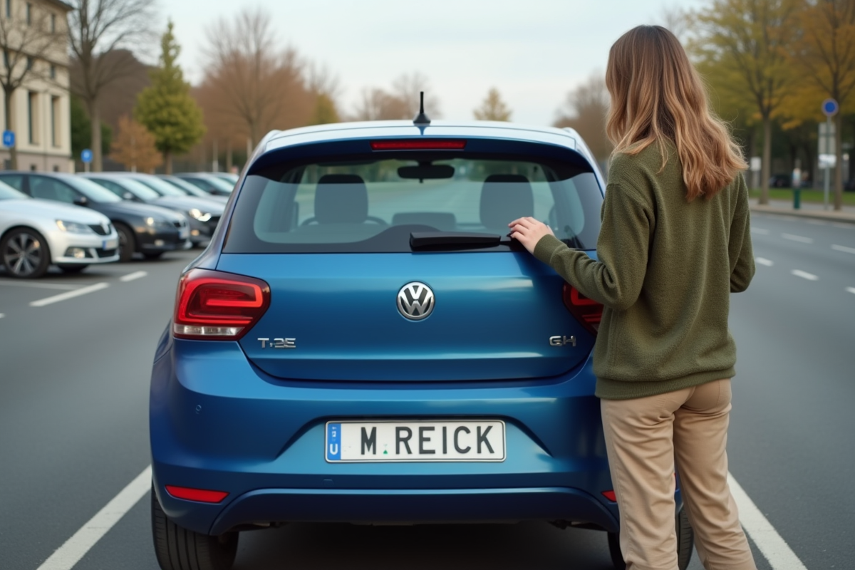 Femme posant une nouvelle plaque sur une voiture dans un parking