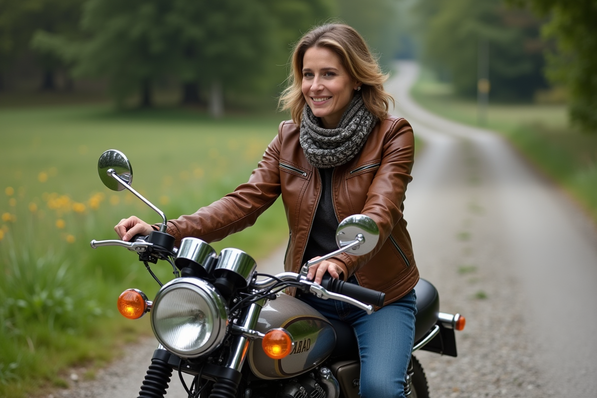 Femme posant à côté de sa moto Yamaha Dax en campagne