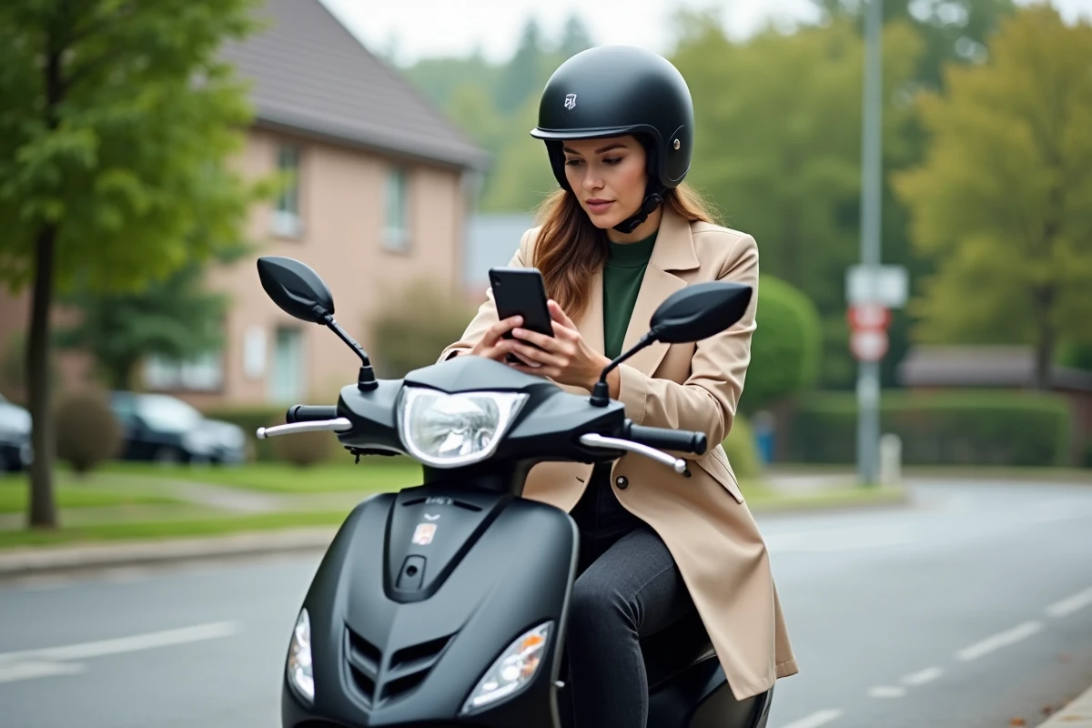 Femme vérifiant son itinéraire sur scooter résidentiel