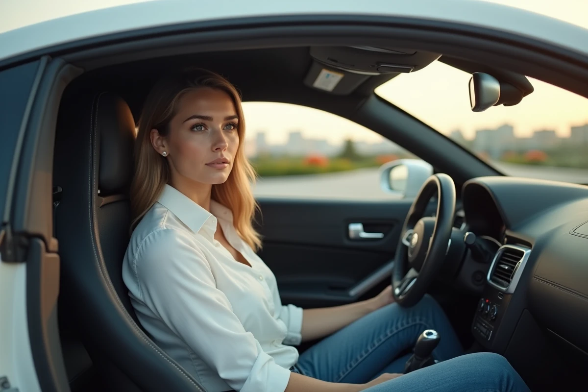 Femme dans une voiture de luxe en intérieur urbain