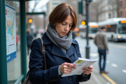 Femme d'âge moyen étudie brochure transport en plein air