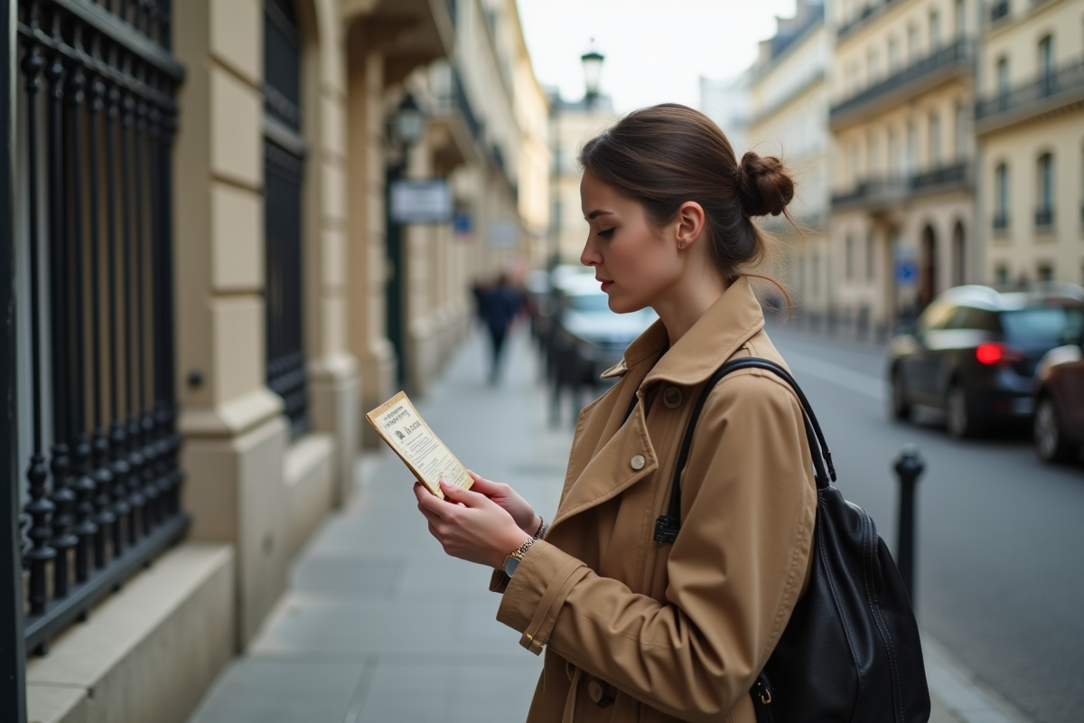 Jeune femme examinant un vieux permis de conduire dans la rue parisienne