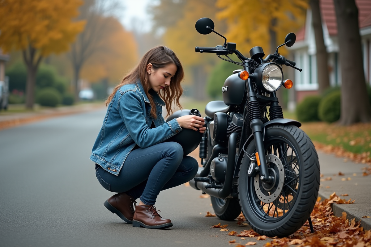 Jeune femme vérifiant une moto vintage dans la rue