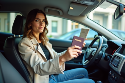 Femme en trench et jeans tenant son passeport dans la voiture