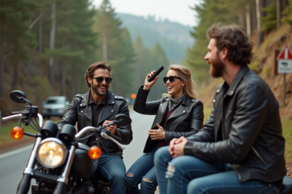 Groupe de motards en plein air avec motos et forêt