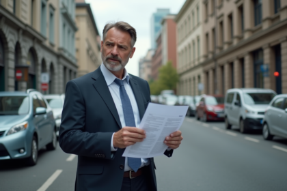 Homme d'affaires avec document d'assurance en ville