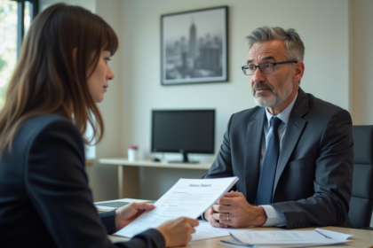 Homme d'affaires parlant avec une agente d'assurance au bureau