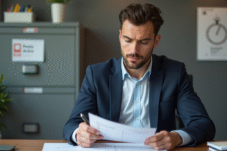 Homme en costume regardant des papiers dans un bureau moderne