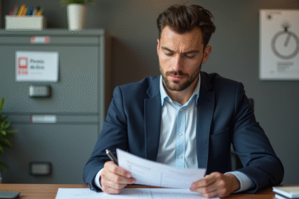 Homme en costume regardant des papiers dans un bureau moderne