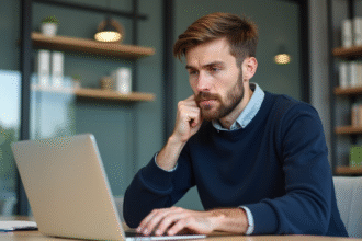Homme en bureau regardant son ordinateur avec concentration